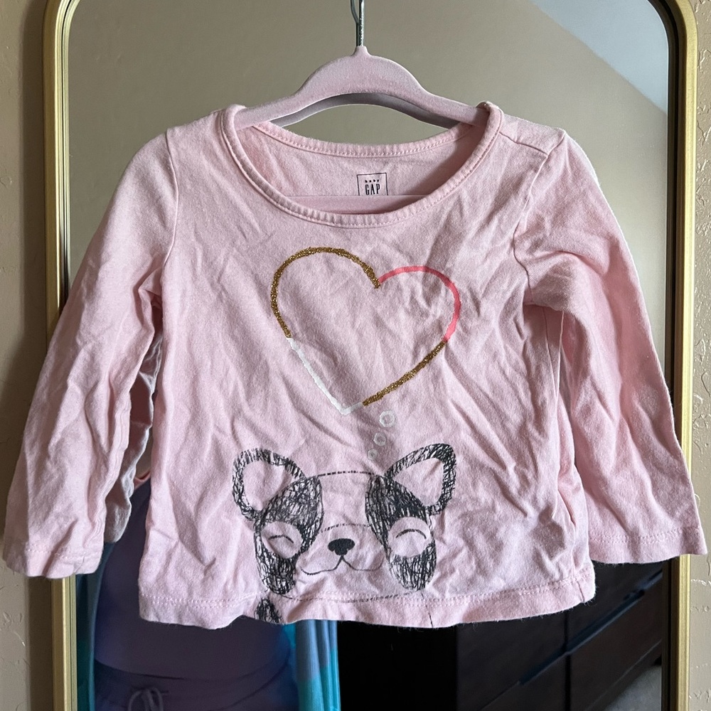 Baby Gap 100% Cotton Pale Pink Long sleeve T-shirt Top with Frenchie Heart
